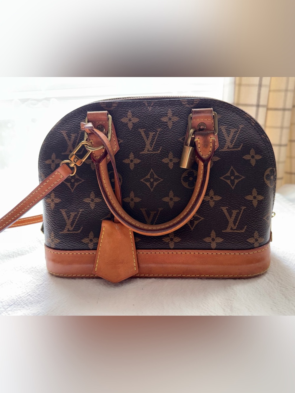 Louis Vuitton Brown Monogram Alma Satchel with Tan Leather Trim